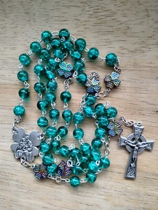 Irish Rosary Beads Green Crackle Glass Shamrock Celtic Crucifix sterling silver - Picture 1 of 10