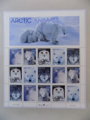 Arctic Animals US Stamps Full Pane 1998 Snowy Owl Polar Bear 15 Stamps 33 cents - Image 1 of 2