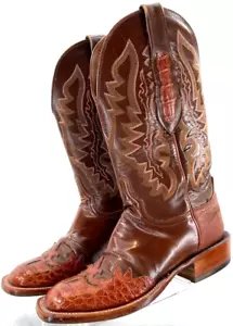 Lucchese Cowboy Alligator Caiman Croc Overlay Square Toe Leather Boots Men's 6 D - Picture 1 of 11