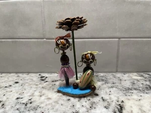 Vintage Wooden Native  Island Souvenir Figures With Drum & Tree 1950s -60s - Picture 1 of 4