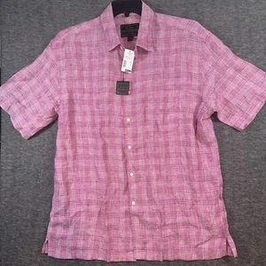 JoS A Bank Men Reserve 100% Linen Pink Plaid Windowpane Button Up Shirt Sz L New - Picture 1 of 6