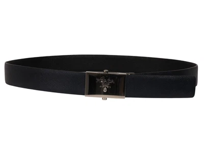 Cinturón Prada Logotipo Repujado Placa Talla 95 Reversible Azul Negro Cuero Saffiano Foto 1 de 4