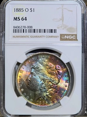 1885-O Morgan Silver Dollar PCGS MS64 End Roll Tab Textile Rainbow Toned Coin BU - Image 1 of 4