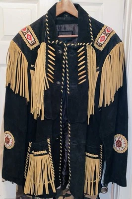 Drysdales черная замша кожи бахрома бисером коренных американцев стиль пальто Sz L - Изображение 1 из 4