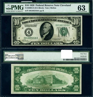 FR. 2000 D $10 1928 Federal Reserve Note Cleveland D-A Block Choice PMG CU63 - Image 1 of 3