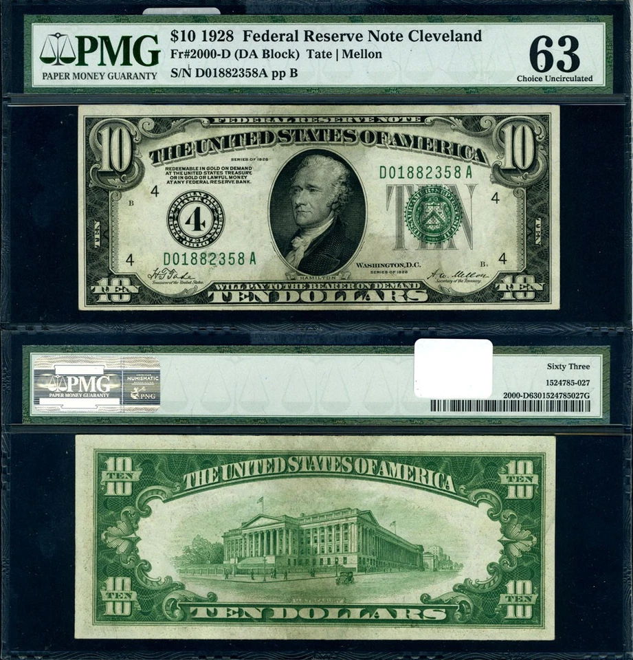 FR. 2000 D $10 1928 Federal Reserve Note Cleveland D-A Block Choice PMG CU63 - Image 1 of 3