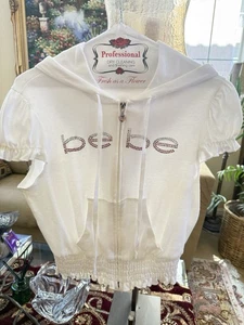 BEBE Sport Urban Hoodie Top Daisy White Rose Bling Rhinestone Logo Cute Large - Picture 1 of 22