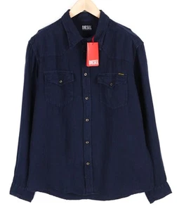 DIESEL S-East-Long-Lin XL Men Shirt Western Linen Buttoned Spread Neck Dark Blue - Picture 1 of 10