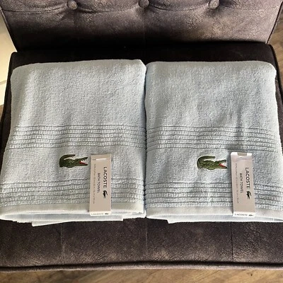 SET of 2 LACOSTE Bath Towels LIGHT BLUE 100% Cotton 30” x 52” Crocodile Logo - Image 1 of 2