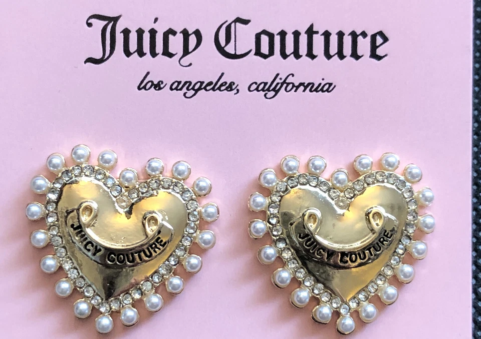 Juicy Couture Gold Tone Heart Stud Earrings With Faux Pearl & CZ Accents