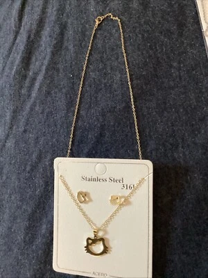 Juego de joyas Love Gold Hello Kitty Cat Kitten S. Steel: collar + pendientes Foto 1 de 4