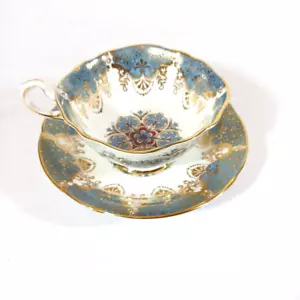 Paragon Tea Cup Bowl Saucer Bone China Aqua Blue Gold Filigree Floral Scalloped - Picture 1 of 5