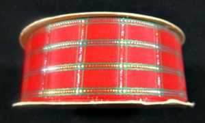 Ribbon #22 New Vintage Michaels Christmas Plaid Floral Craft 7 ft Width 1-3/8" - Picture 1 of 3