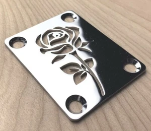 Custom Made !! ROSE Neck Plate With 4Pcs Screws For Your Guitar or Bass - Chrome - Picture 1 of 5
