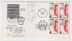 TurtlesTradingPost- Boys Clubs of America 1960 - #1163 FDC Block of 4 Artcraft - Picture 1 of 1