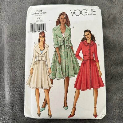 Vogue V8211 Misses Dress Coat Sewing Pattern 18-22 Retro Fit & Flare UNCUT OOP - Image 1 of 4