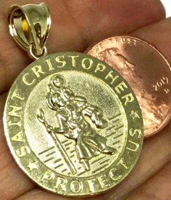 GOLd Saint san st CRISTOPHER christopher pendant 10k SOLID necklace solid  1.30" - Image 1 of 4