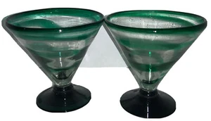 Mexico Hand Blown Glass Margarita Glasses Green Base & Rim w/ Green Swirls (2) - Picture 1 of 5