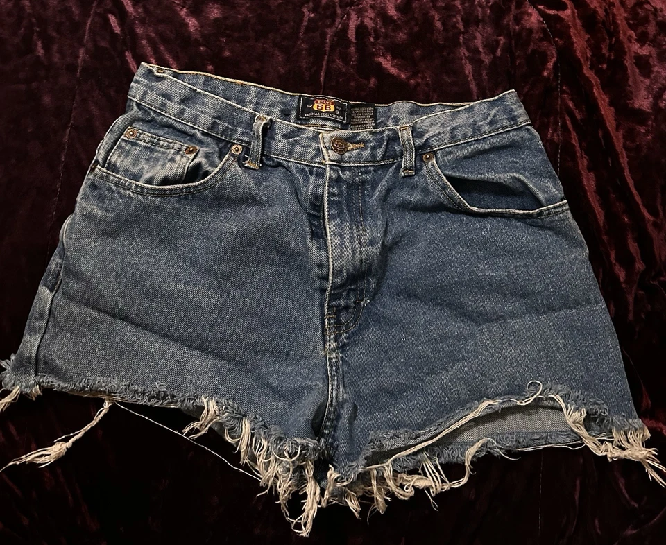 Pantalones cortos de mezclilla deshilachados vintage para mujer Route 66 talla 14 tiro alto ajustados Foto 1 de 3