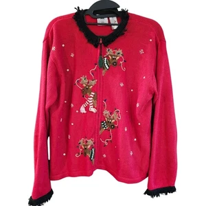 Vintage rot Urlaub Rentier Neuheit hässlicher Weihnachtspullover Reißverschluss Cardigan 16 - Bild 1 von 6