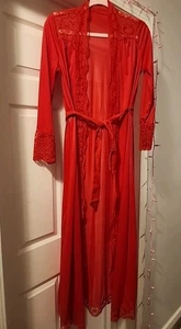 VINTAGE OLGA Red Belted Long Robe Lace Style 9702 Maxi Sz S Lingerie Gown  - Picture 1 of 10