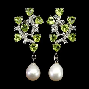 925 Sterling Silver Earrings Heart Peridot 4mm Pearl Natural Gemstone Jewelry - Picture 1 of 14
