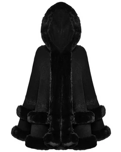 Punk Rave Daily Life Womens Plush Faux Fur Lace Trim Hooded Winter Cloak Black - Picture 1 of 13