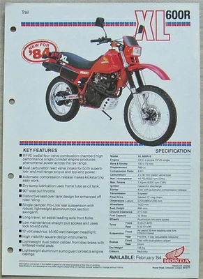 HONDA XL600R TRAIL MOTORCYCLE Sales Specification Leaflet Feb 1984 - Image 1 of 2