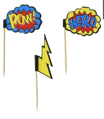 40 Comic Superhero Cupcake Picks - Pow, Hero, Lightning Bolt Picks - Ginger Ray — 第 1/3 张图片