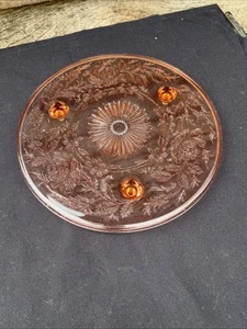Vintage Pink Depression Glass Cake Plate~Shaggy Rose Design~3 Footed Pastry Dish - Picture 1 of 7