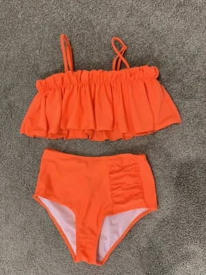 Bikini 2 pc Swimsuit Ruffle Top Ruched Bottom Womens Sz Small Neon Orange 80's - Image 1 of 4