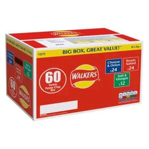Walkers Crisps 60 Pack Bulk Box 24 Cheese Onion 24 Ready Salted 12 Salt Vinegar - Picture 1 of 1