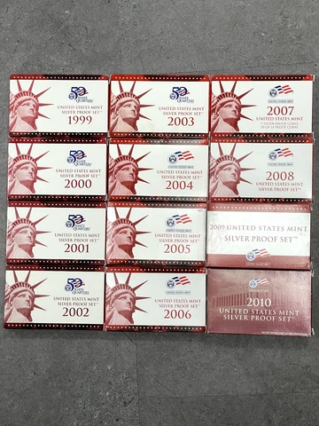 1999-2010 U.S. Silver Proof Sets 12 Sets (140 Coins) W/Box and COA Cover