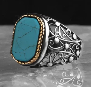 Men's Natural Ring 925 Sterling Silver Ring Men's Jewelry Turquoise Stone - Picture 1 of 3