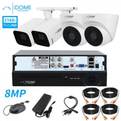 IDOME CCTV HOME SECURITY 8MP 4 CHANNEL DVR KIT COMPLETE ULTRA HD (FREE BALUN) UK - Image 1 of 4