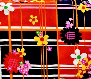 Bright Floral Squares Fabric,Orange/Blk Squares,Orange/Yellow Flowers,Rayon46x42 - Picture 1 of 1