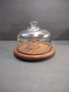VTG GOODWOOD Glass Dessert Cheese Dome 6" Clear Genuine Teak Wood Tray  - Picture 1 of 8