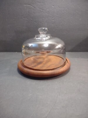 VTG GOODWOOD Glass Dessert Cheese Dome 6" Clear Genuine Teak Wood Tray  - Image 1 of 4