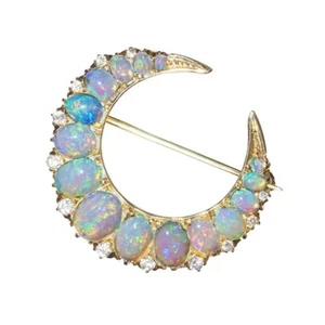 Victorian Opal Diamond and Gold Crescent Brooch, Circa 1880 - Picture 1 of 5