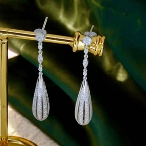 Natural Diamond Elegant Retro Dangle Teardrop Women Long Earrings 14K White Gold - Picture 1 of 7