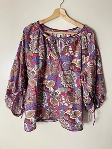 Sundance Belladonna Beauty Floral Blouse Boho Tie Sleeve Peasant Womens Size L - Picture 1 of 13