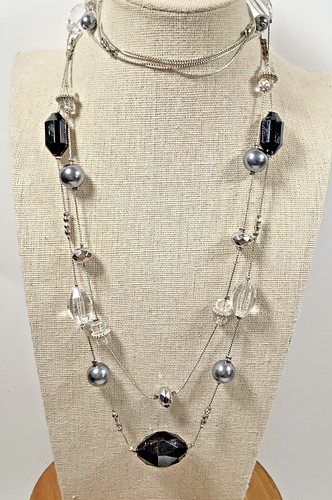 VETEMENTS Collana Tono Argento Duo Filo Stazione Nero Argento Trasparente Perline Acriliche 39 in