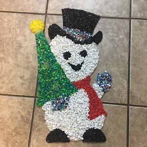 Vintage Snowman Waving w/Tree  Melted Plastic Popcorn Christmas Decoration 