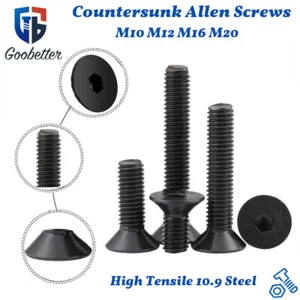 M10 M12 M16 M20 Countersunk Screws Allen Socket Bolts 10.9 High Tensile Black - Picture 1 of 12