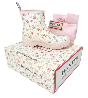 New NIB LoveShackFancy Hunter Play Sunrise Patchwork Pink Floral Short Rain Boot - Image 1 of 4
