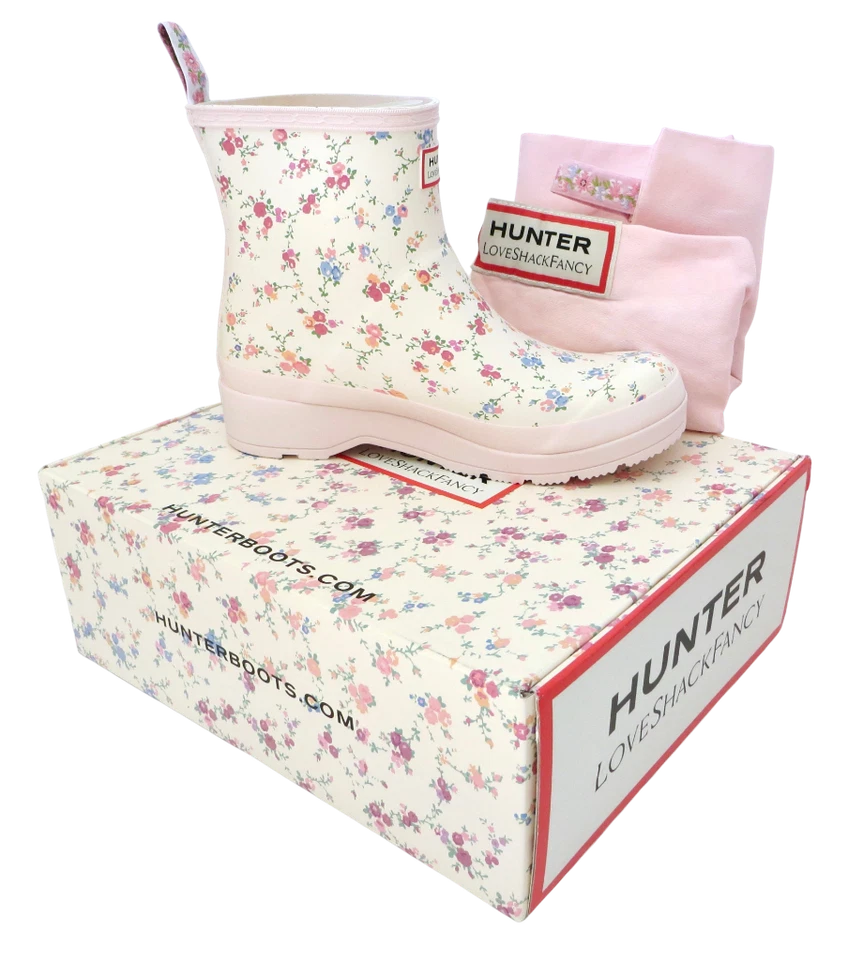 New NIB LoveShackFancy Hunter Play Sunrise Patchwork Pink Floral Short Rain Boot - Image 1 of 4