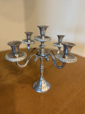 5 Arm Candelabra Candlestick Polished Aluminum Silver w/ Rhinestones 11.5" tall - Image 1 of 4