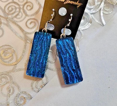 手工制作熔融蓝色二色玻璃吊坠耳环纯银 — 第 1/3 张图片