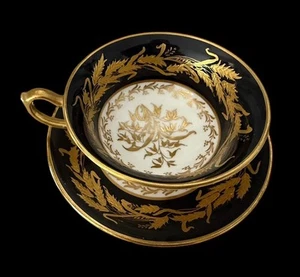 RARE HAMMERSLEY & CO BONE CHINA CUP & SAUCER BLACK w/ RAISED GOLD WHEAT DESIGN - Bild 1 von 12