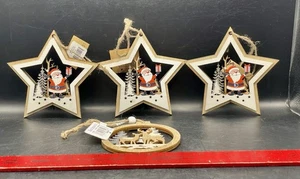 3 Santa Wood Cut & 1 Deer Wood Cut Ornaments - Picture 1 of 5